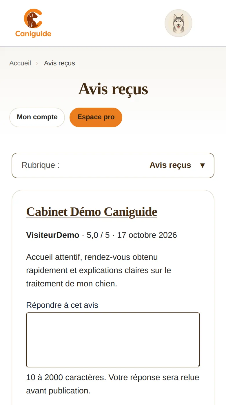 Capture de l’Espace pro : Avis reçus