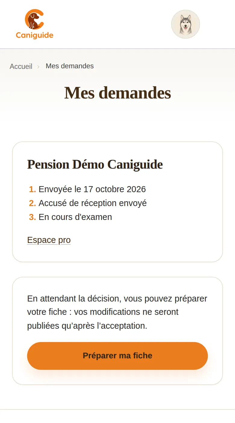 Capture de l’Espace pro : Mes demandes