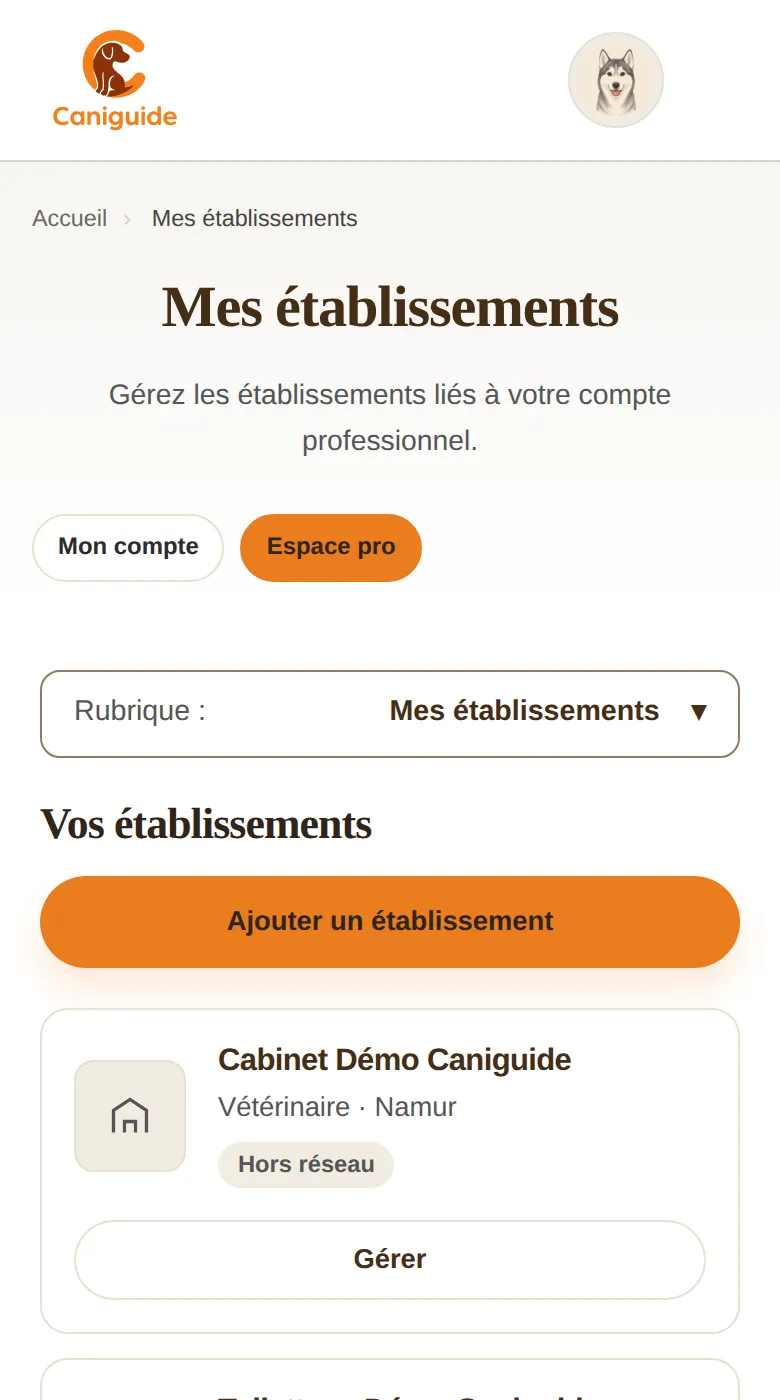 Capture de l’Espace pro : Mes établissements