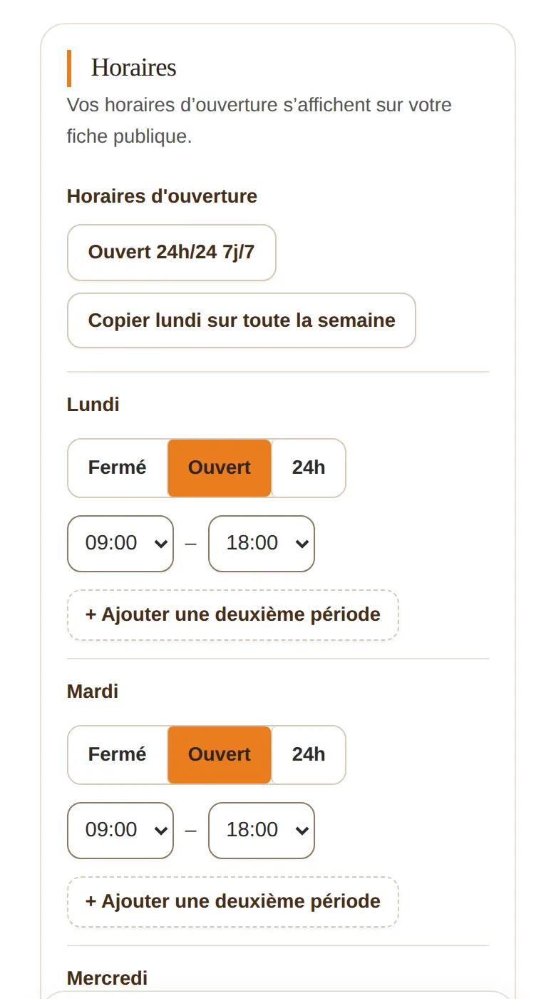 Capture de l’Espace pro : section Horaires