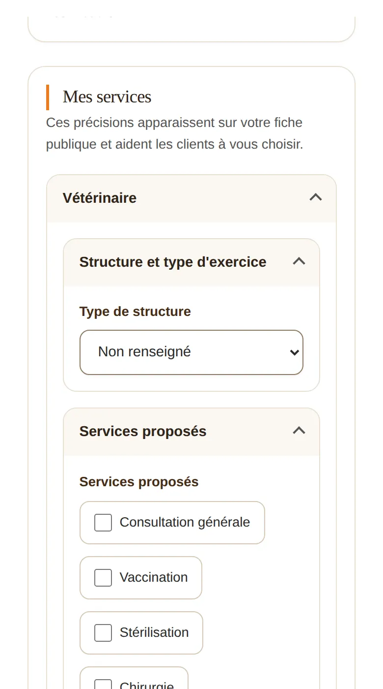 Capture de l’Espace pro : section Mes services