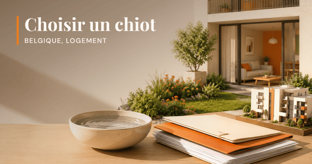 Appartement avec un petit jardin, un bol d’eau et des documents d’achat posés sur une table.