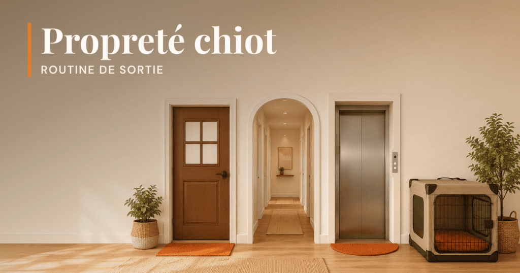 porte, couloir, ascenseur et cage dans un contexte de routine de sortie pour chiot
