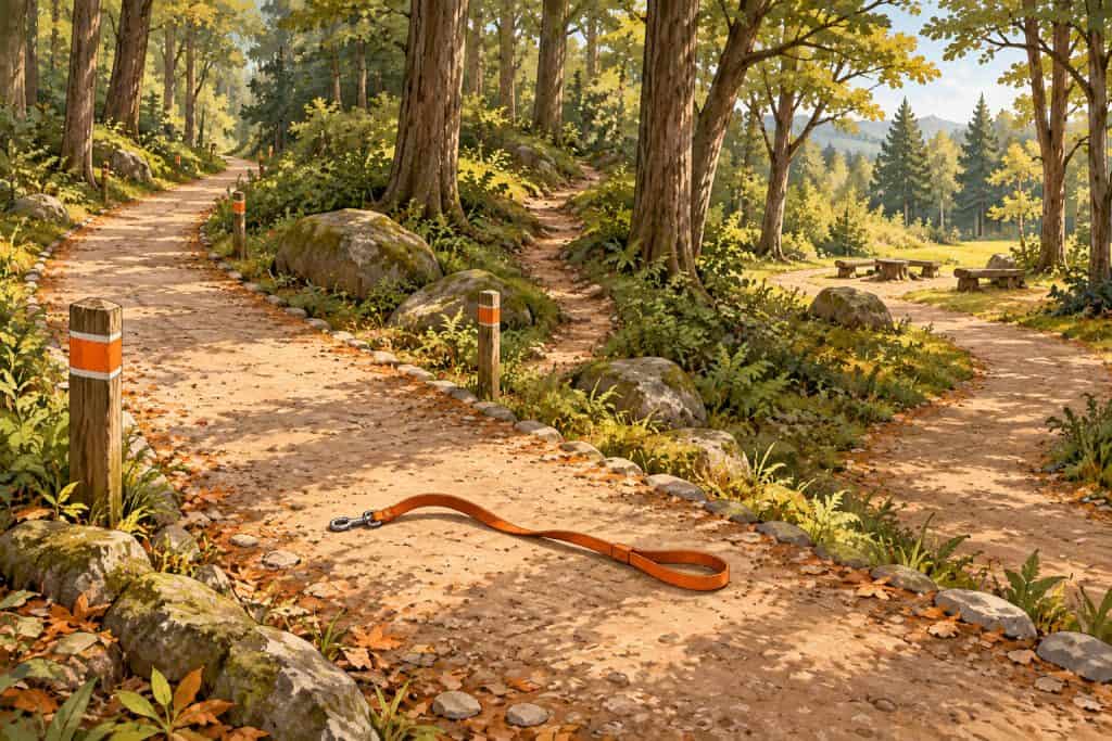 Une laisse posée sur un chemin forestier, avec des chemins, des sentiers et une aire à proximité.