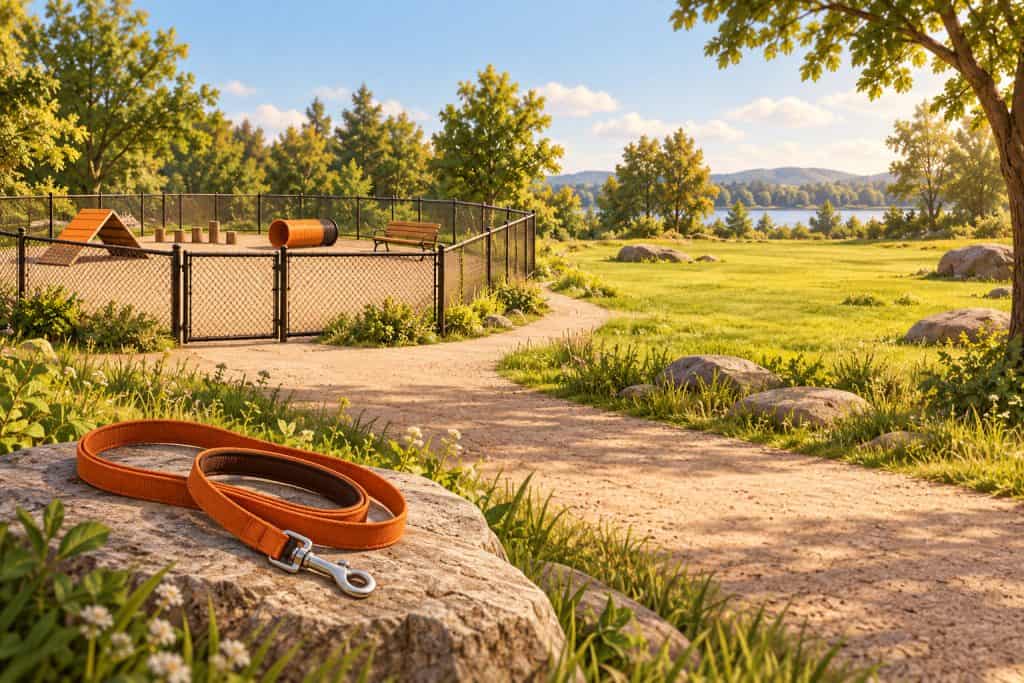 Une laisse posée près d’un parc canin clôturé et d’une zone sans laisse, avec un chemin.