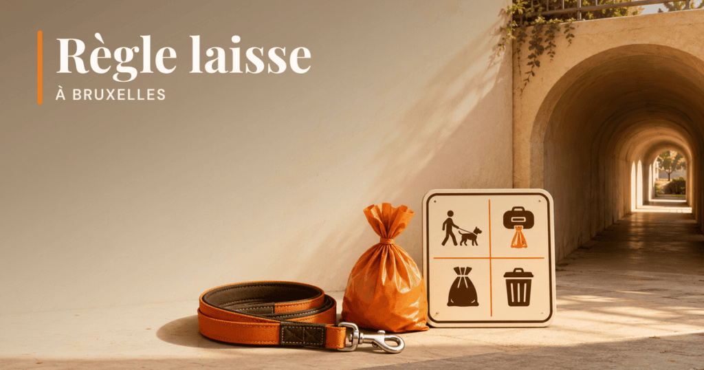 La laisse, un sac, des pictogrammes et une galerie ou passage dans un espace public.