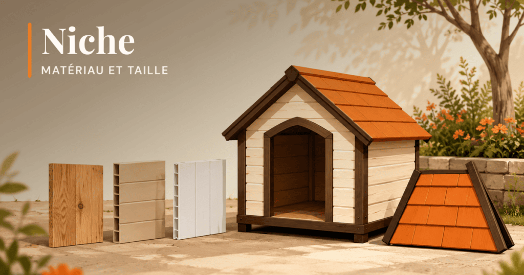 Niche pour chien avec échantillons de bois, de plastique et de PVC, et un toit de niche.